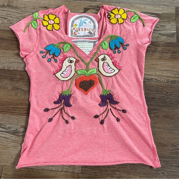 Y2K Joystick boho floral bird embroidered tshirt S - Picture 1 of 7